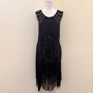 Fundaisy Black Sequin Fringe Scoop Neck Dress 1920s Gatsby Art Deco Western XL
